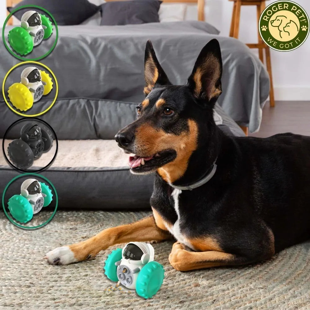 Robot design pet food dispenser toy for small dogs and cats showing self-balancing tumbler mechanism