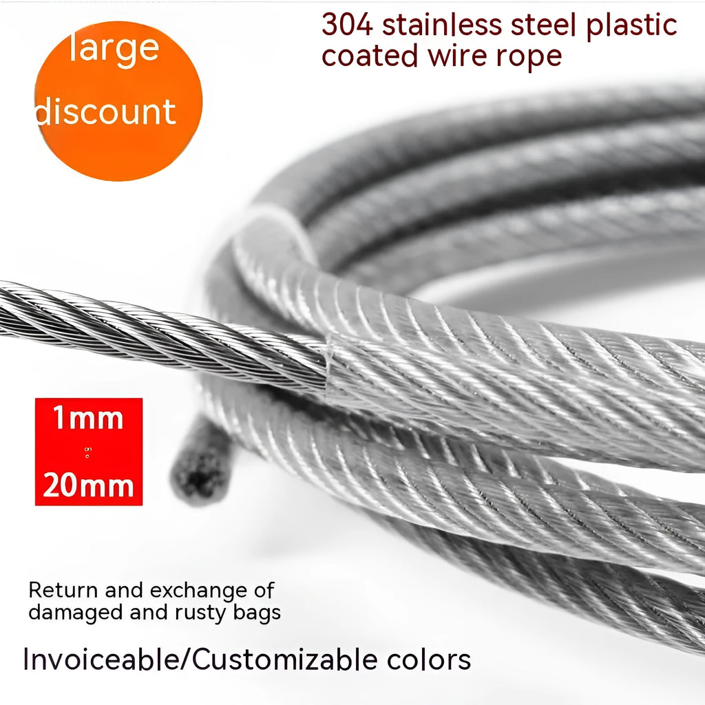 304 stainless steel anti-theft wire rope showing double twist construction and optional nylon coating