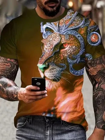 Men's black t-shirt with a large, detailed 3D printed graphic of a fierce lion's face on the front.