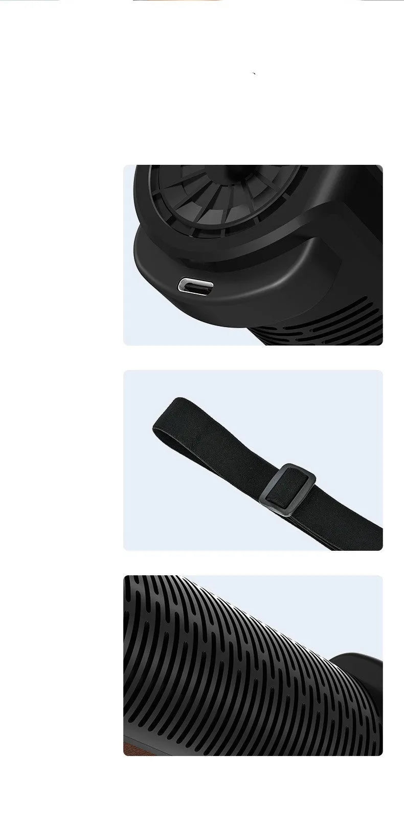 Black ventilated rear bladeless car fan with USB power cord on vehicle dashboard