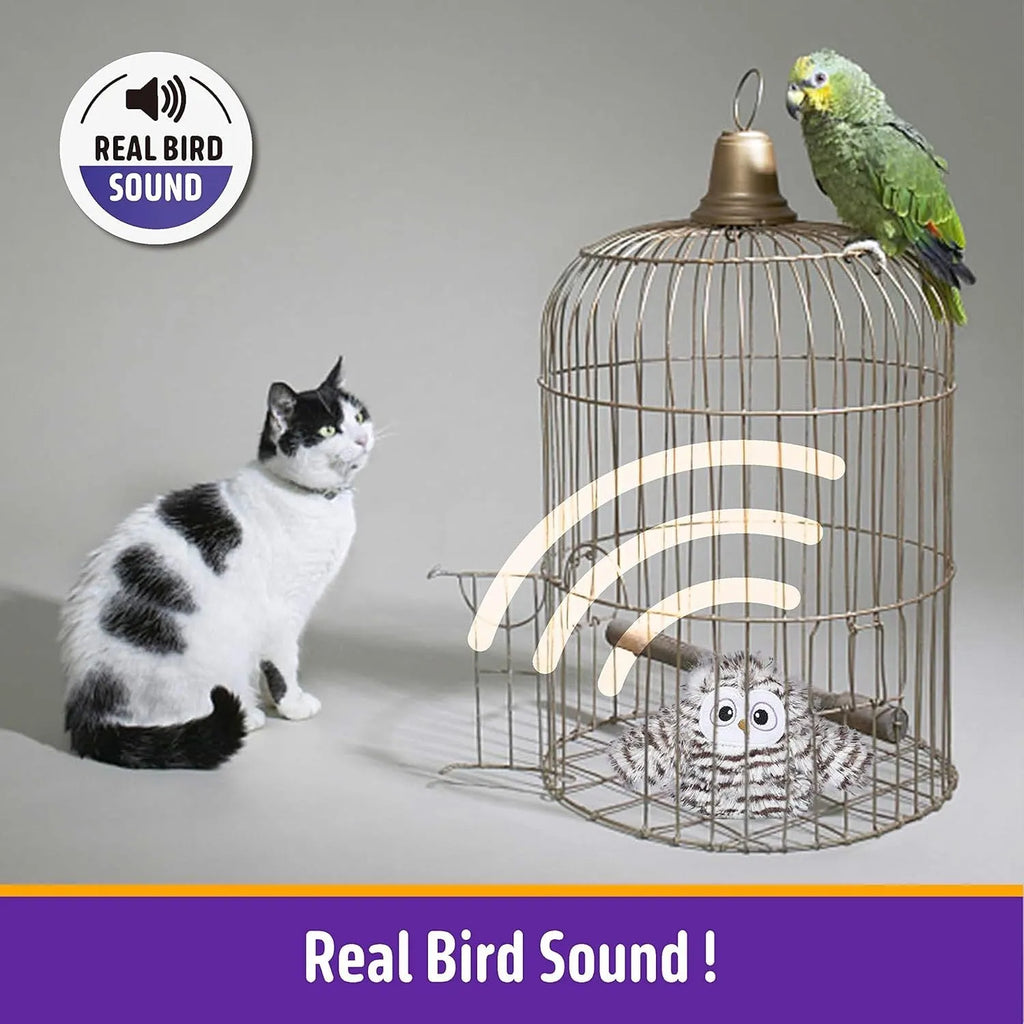Grey automatic owl cat toy with flapping wings on flat surface, measuring 10cm by 14cm