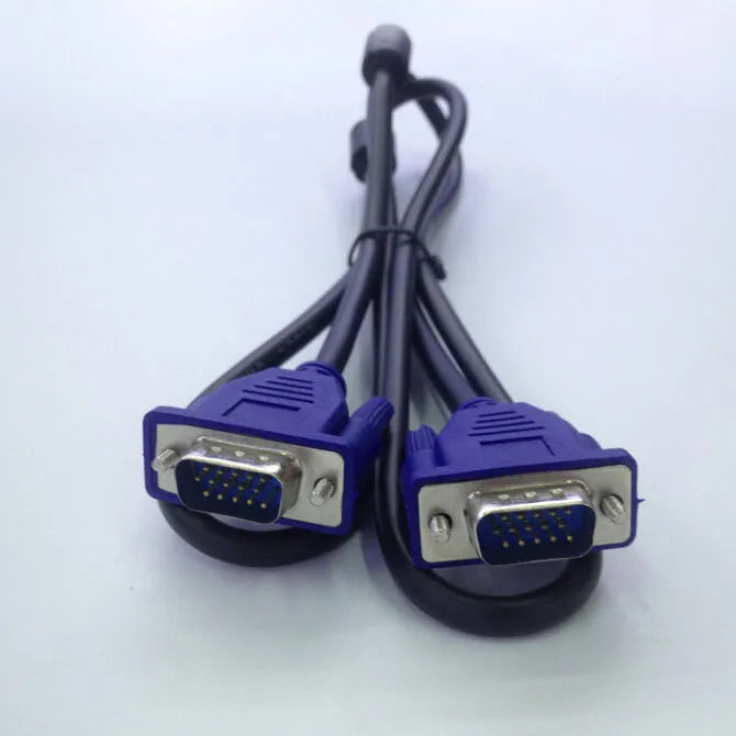 Black VGA cable with blue moulded connectors and nickel-plated terminals for computer monitor connections
