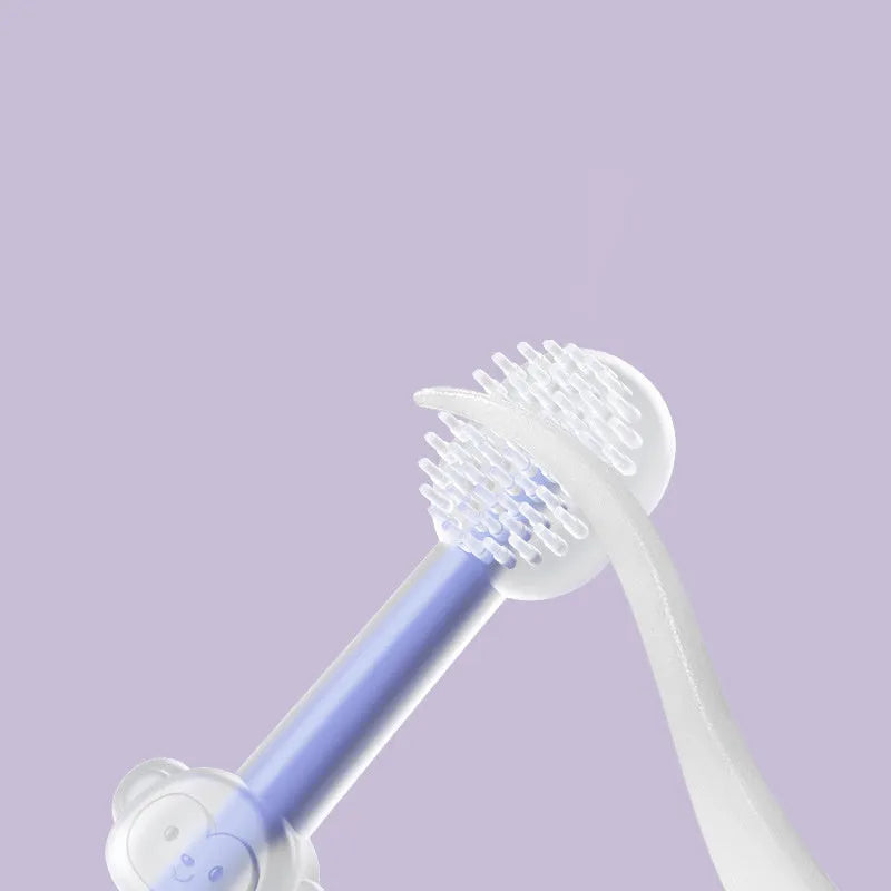 Soft silicone pet toothbrush for dogs and cats in purple, blue, and green colours with ergonomic handle.