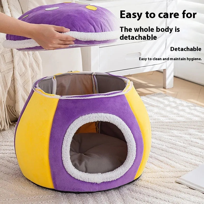 Grey mushroom-shaped plush cat nest bed for indoor cages, shown with a detachable design.