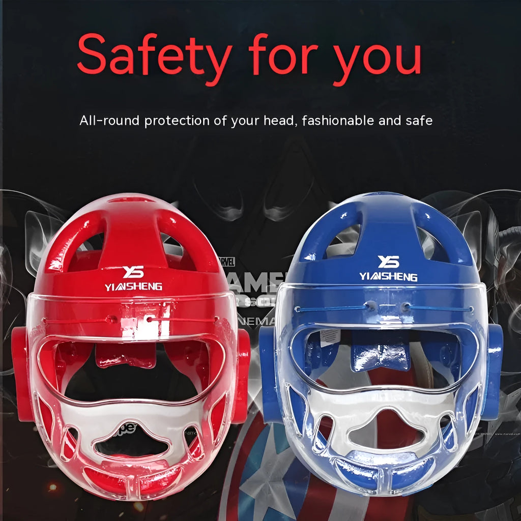 Karate boxing helmet protective equipment in white, blue and red colours showing head coverage design