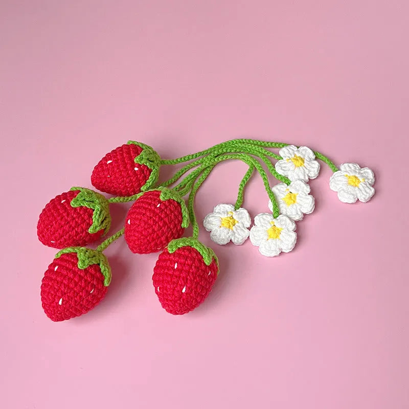 Handmade wool crochet strawberry pendant on 35cm cord in pink or red colour