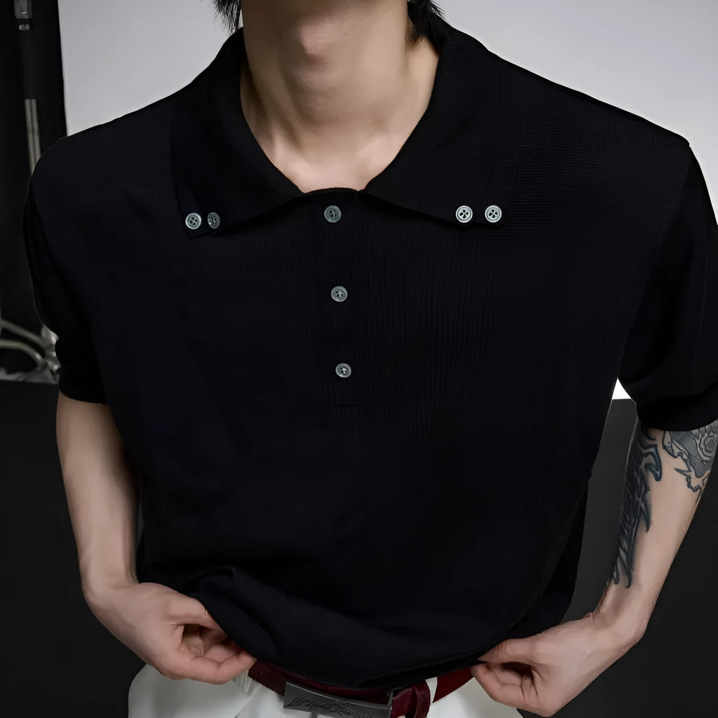 Men's black slim fit short sleeve knit shirt with a double lapel collar design