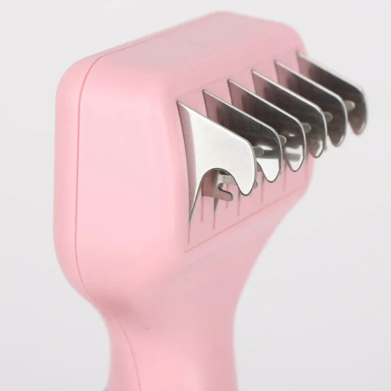 Pink and purple pet grooming comb with stainless steel knot knife and massage brush tips, shown with dimensions.