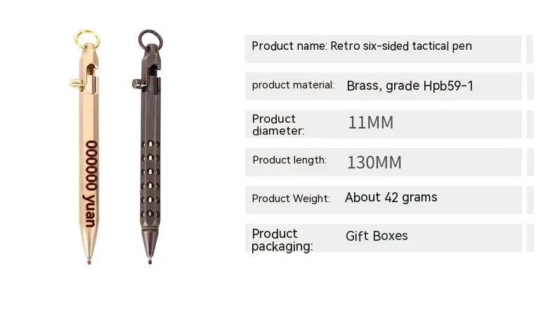 Brass hexagonal roller pen with retro six-angle design and 0.5mm tip