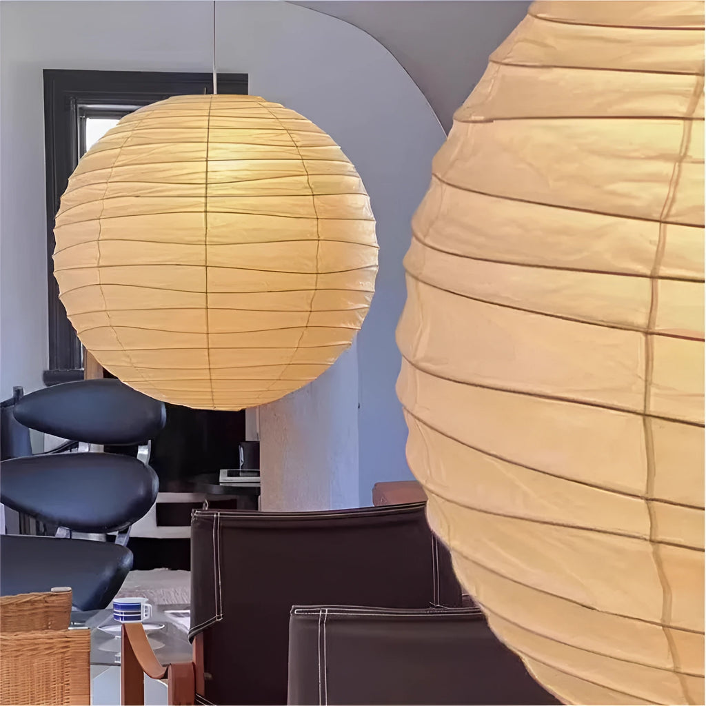 Japanese-style spherical rice paper chandelier pendant light in a living room setting.