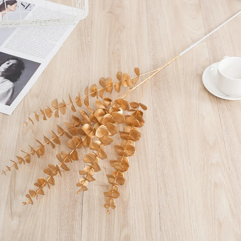 Artificial Persian eucalyptus ginkgo leaf flower arrangement in gold plastic for wedding home decor