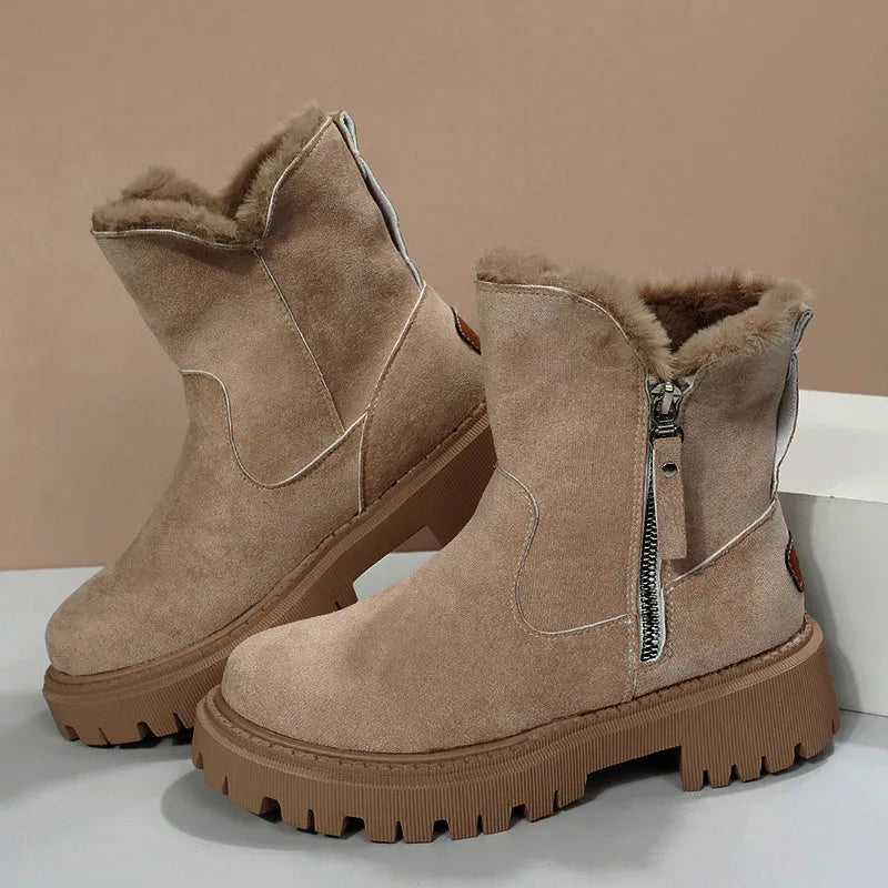 Women's black high-top snow boots with side zipper, plush lining, and non-slip rubber sole