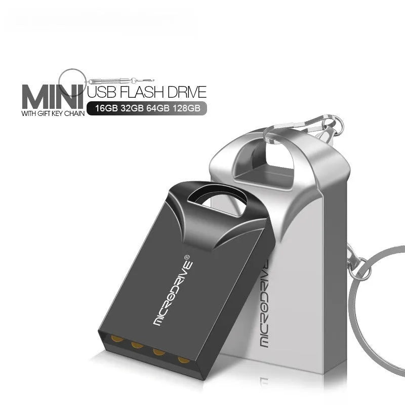 Mini metal USB flash drive in black and silver showing compact 23x12x8mm dimensions