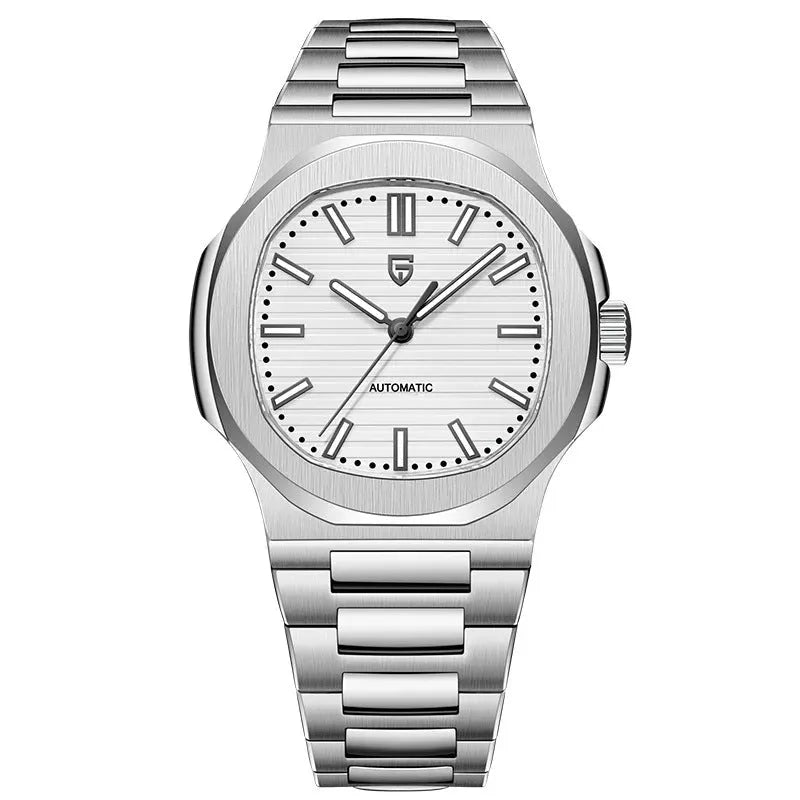 Men's stainless steel automatic waterproof barrel-shaped wristwatch, 14mm thickness, business style, blue dial and rose gold case