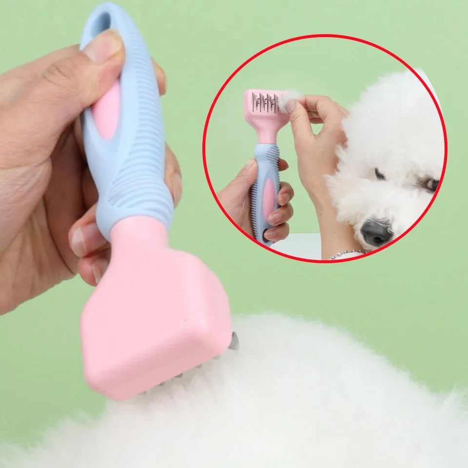 Pink and purple pet grooming comb with stainless steel knot knife and massage brush tips, shown with dimensions.