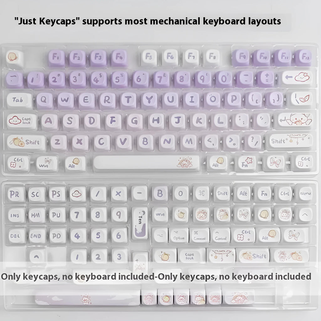 Close-up of purple gradient rabbit design on white PBT keycaps for mechanical keyboards.