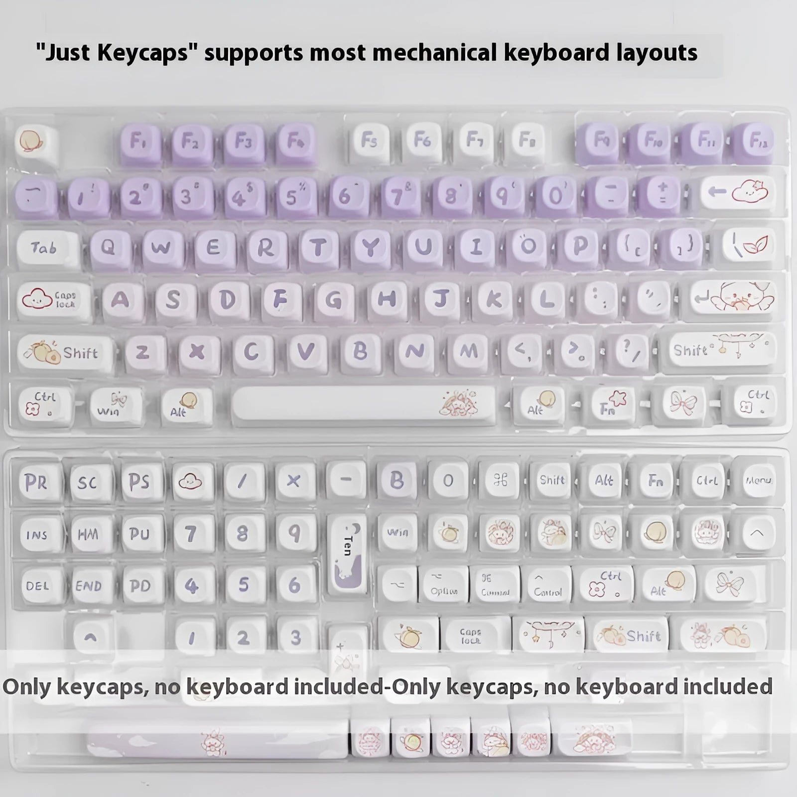 Close-up of purple gradient rabbit design on white PBT keycaps for mechanical keyboards.