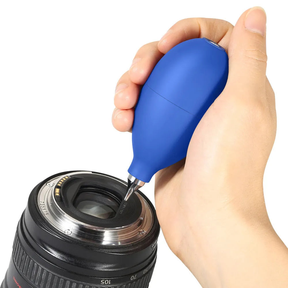 Blue and black rubber dust removal blower tool for cleaning cameras and phones