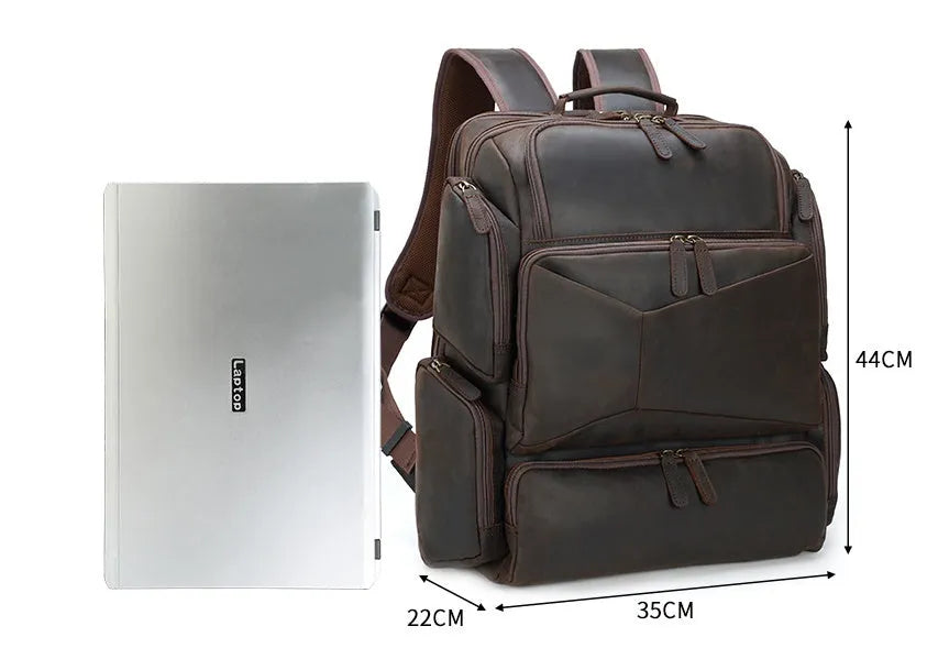 Dark brown genuine leather backpack with 17-inch laptop compartment and double shoulder straps