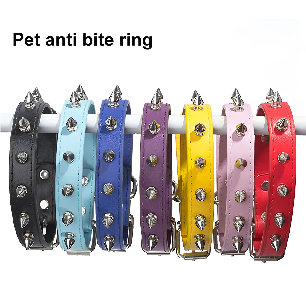 A studded dog collar made of black thickened PU leather with metal spikes and an alloy buckle.