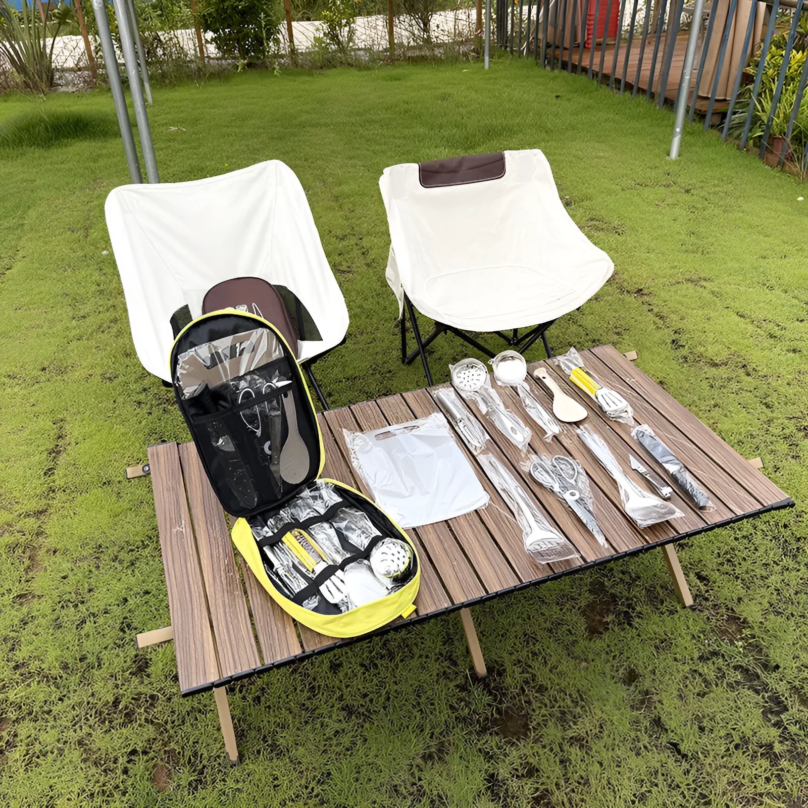 12-piece stainless steel picnic cutlery set in khaki storage bag with fork knife spoon utensils