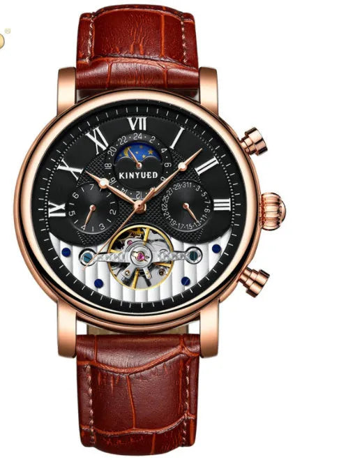 Men's automatic hollow dial mechanical watch with leather strap and stainless steel buckle, black silver colour