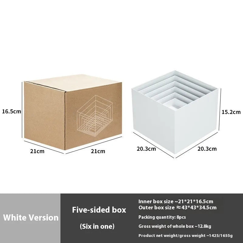 White plastic Suit Cube dessert display stand with six tiers showing cupcakes
