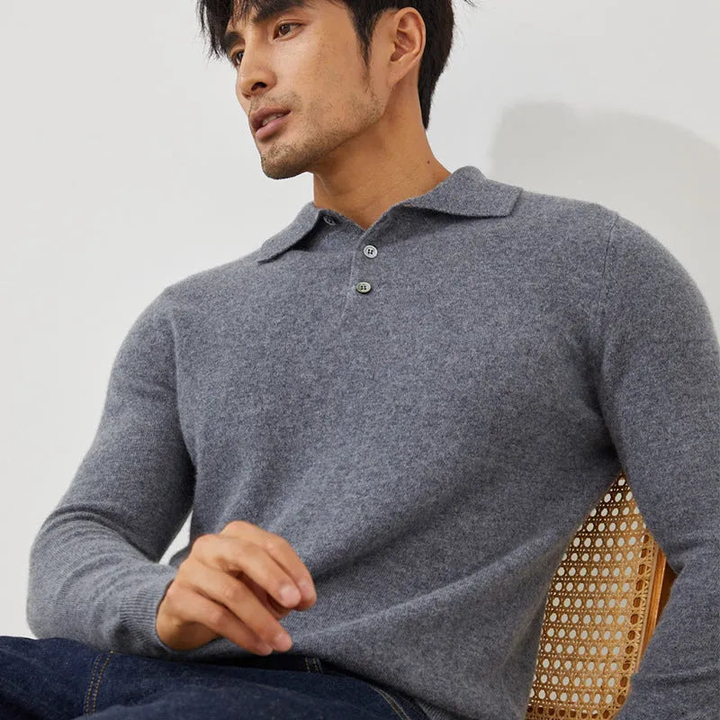 Men's cashmere polo collar pullover sweater in loose fit with short sleeves