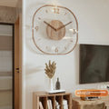 Modern transparent wooden frame wall clock showing 35cm square design with wooden shell