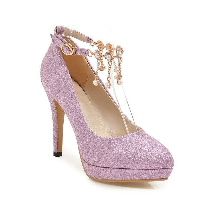 Women's blue platform stiletto high heel with a pointed toe and special fabric upper.