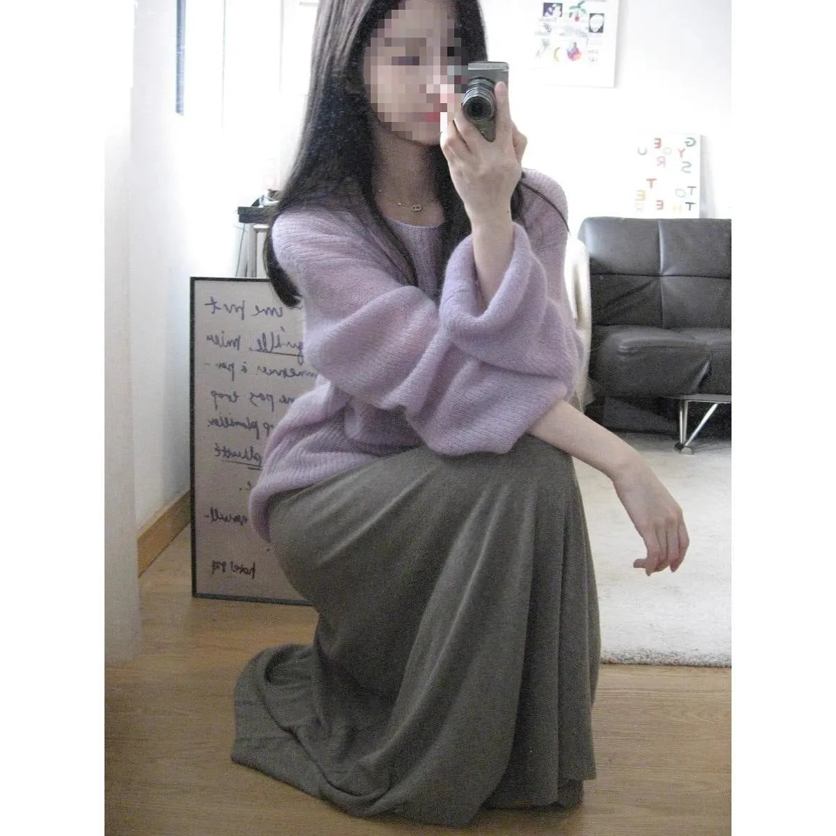 Women's purple round neck blouse with hollow out design and princess sleeves in ice silk fabric