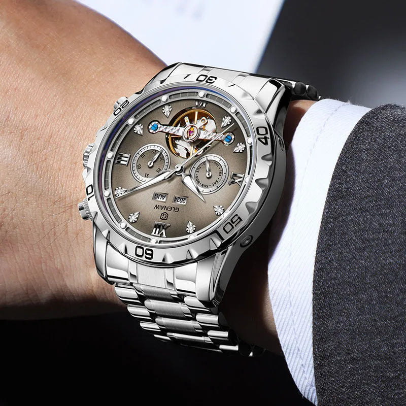 Men's automatic mechanical watch with metal case, stainless steel strap, and mineral glass face in business style