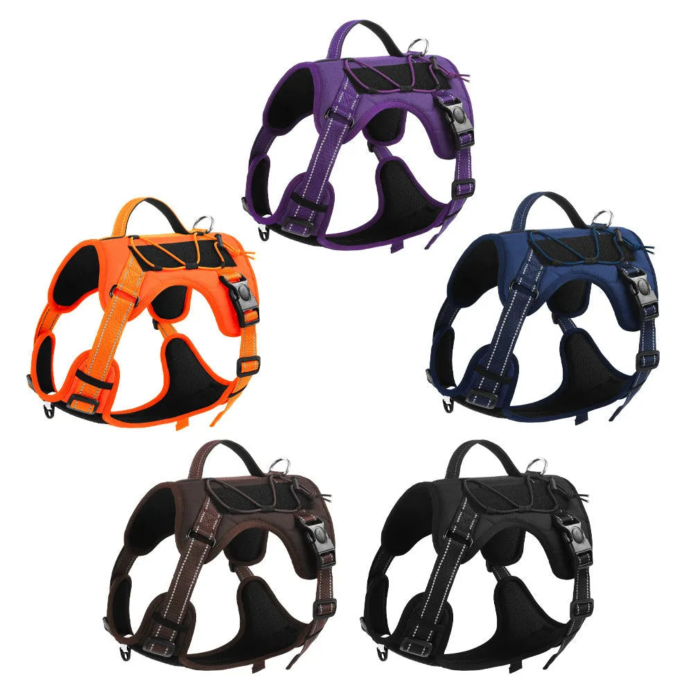 Reflective orange dog harness with explosion-proof breast strap and integrated hand holding rope