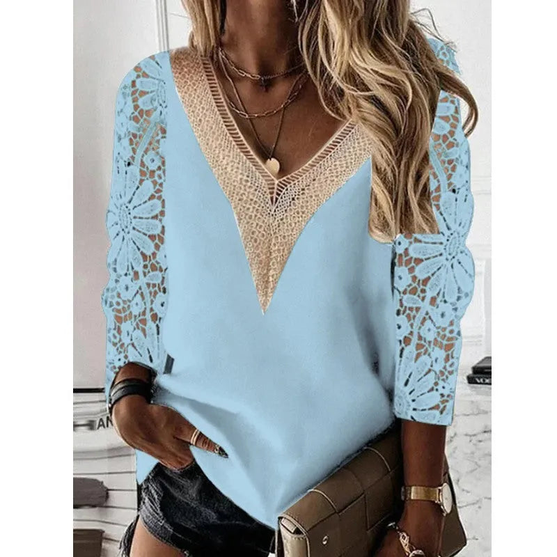 Women's v-neck nine-quarter sleeve chiffon shirt with lace splicing in gray, slim fit