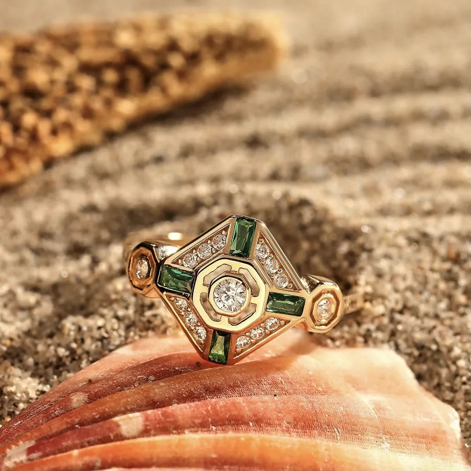 Square-cut ins-style women's fashion ring in lvzuan colour on a plain background.