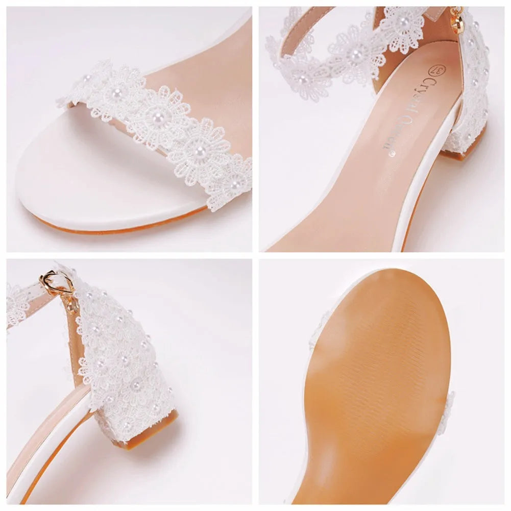 White PU shallow mouth square heel sandals with bead embellishment, low heel 4cm option