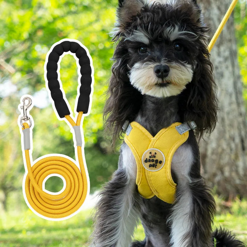Pink dog vest harness with attached hand holding rope on a white background
