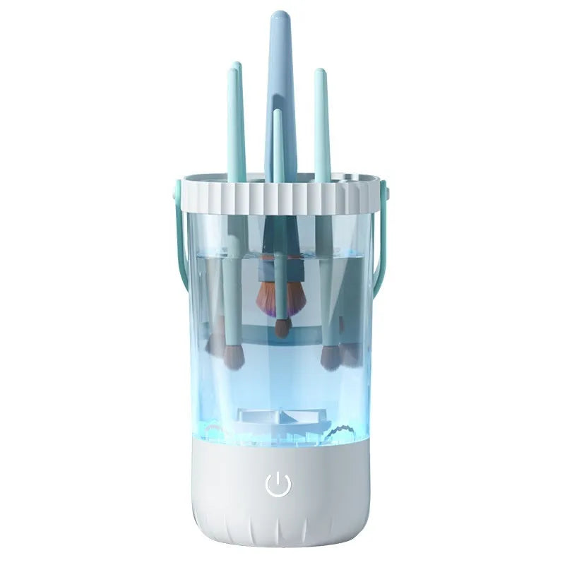 White plastic electric makeup brush cleaner with rechargeable battery and USB cable