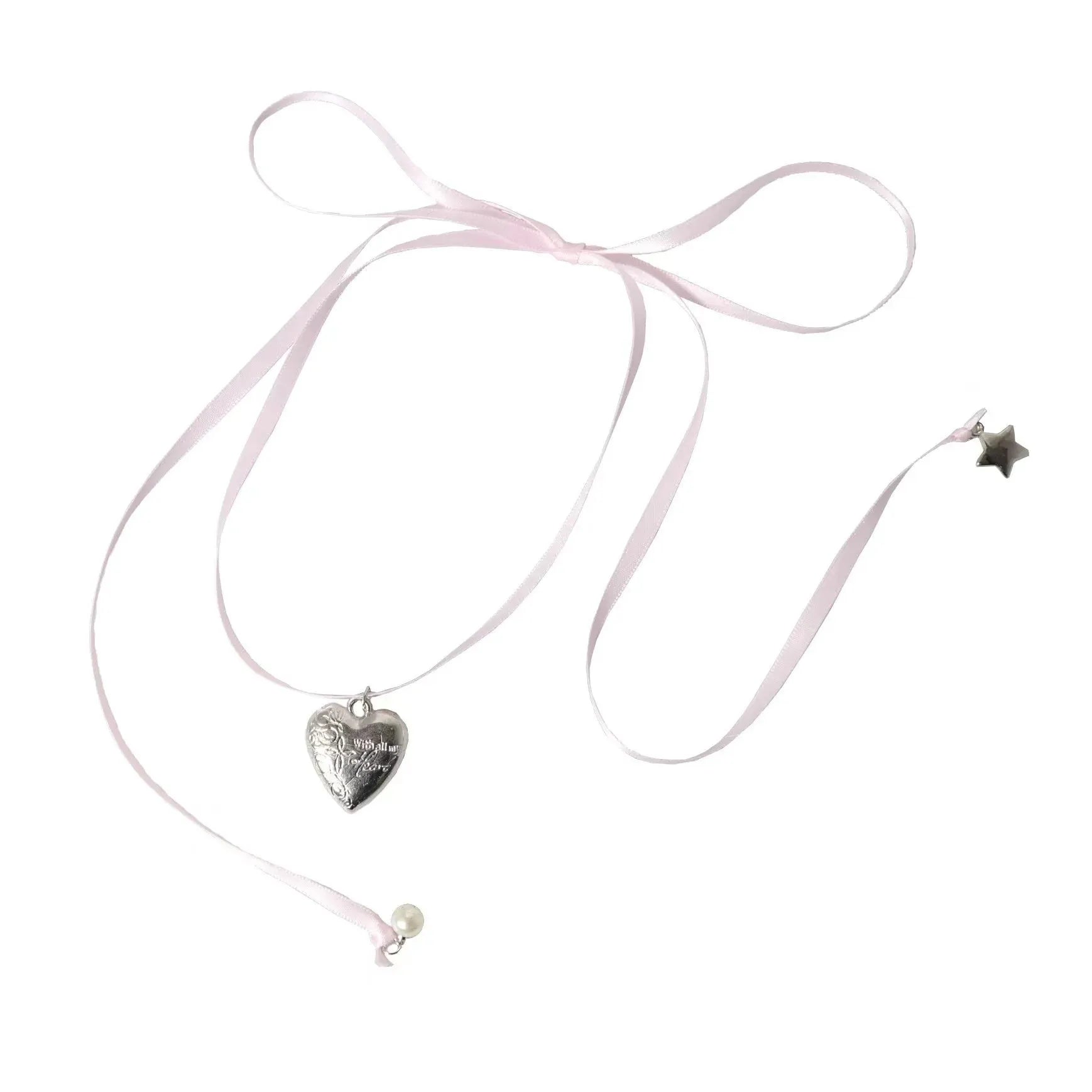 Women's alloy clavicle chain necklace with ribbon pendant featuring heart charm in multiple colour options