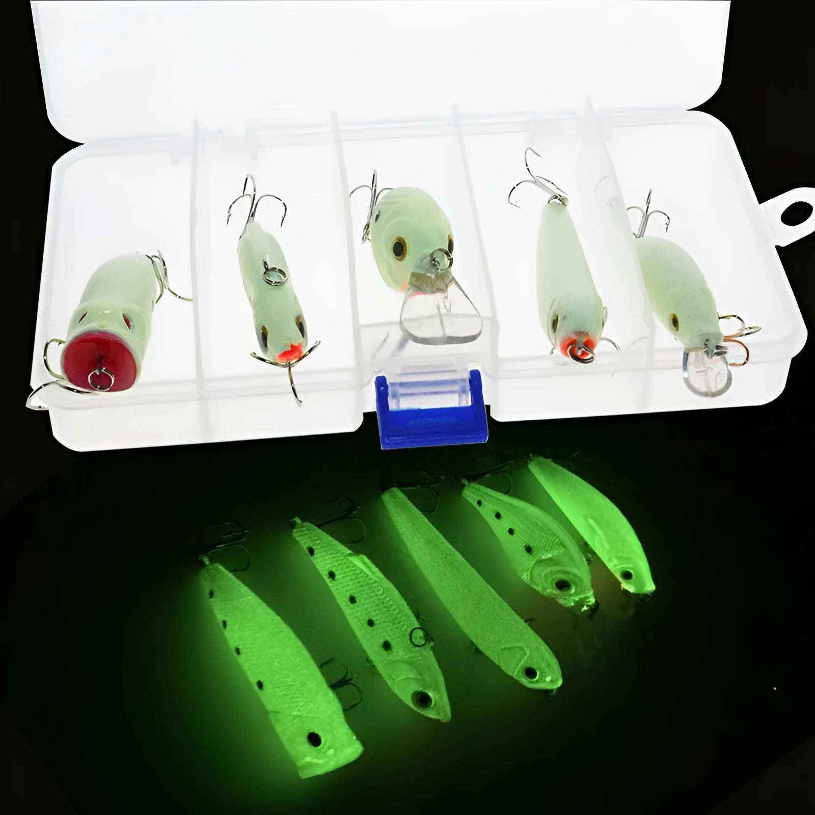 Set of five 3D fluorescent hard fishing baits with luminous coating for underwater use