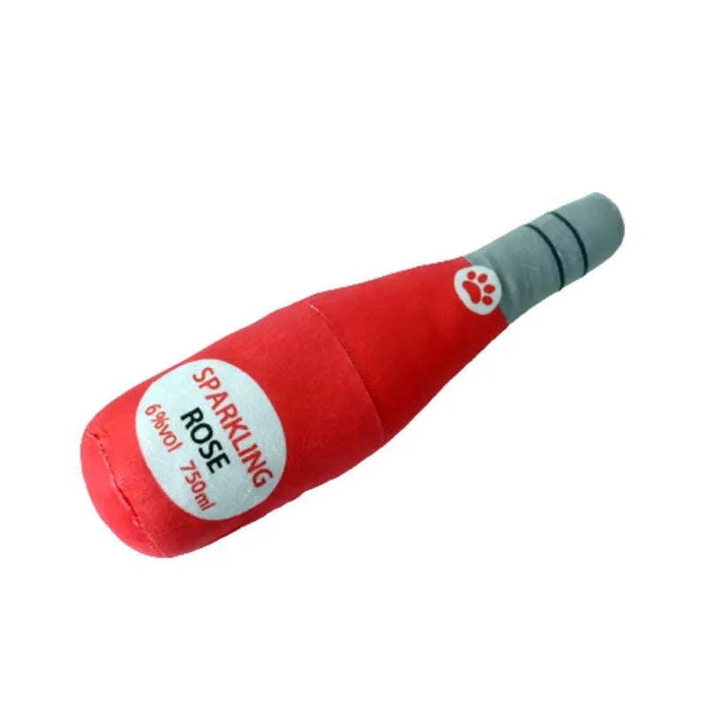 Soft plush pet toy shaped like a wine bottle in assorted colours including green, red, and black.