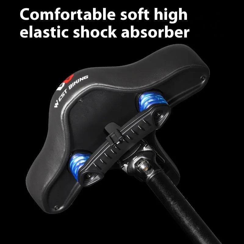 Black leather bicycle saddle cushion with polyurethane foam padding for shock absorption.