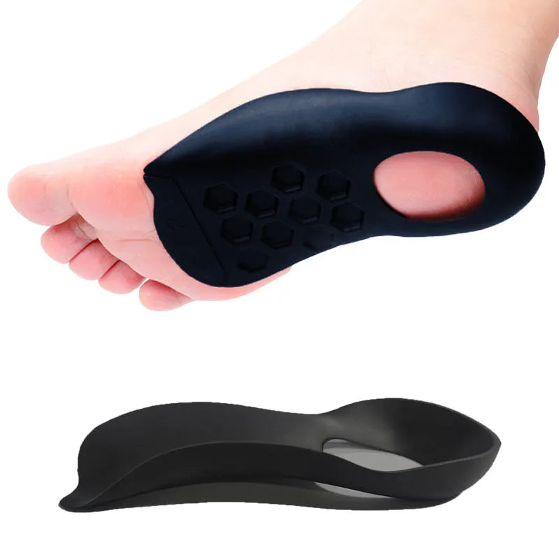 Pair of white TPR arch support insoles for varus correction, showing raised medial arch design.