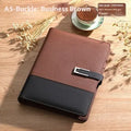 A5 leather notebook in choice of colours with gift box, open to show wood-free paper.