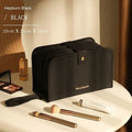 Large capacity leather book cosmetic bag in sunset yellow, open to show interior, with imitation leather finish.