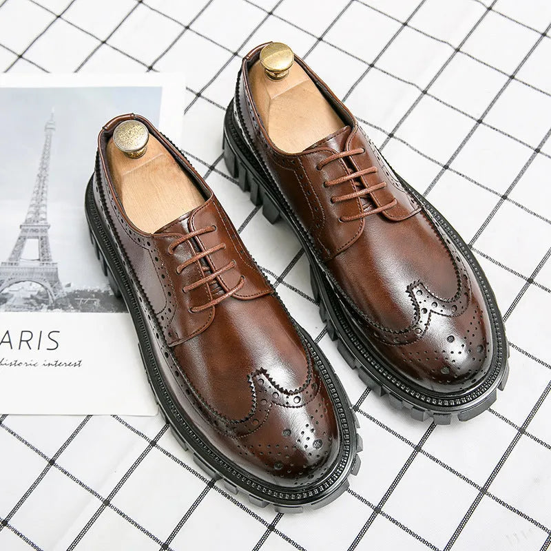 Men's black and brown artificial PU brogue business shoes with round toe on a white background.