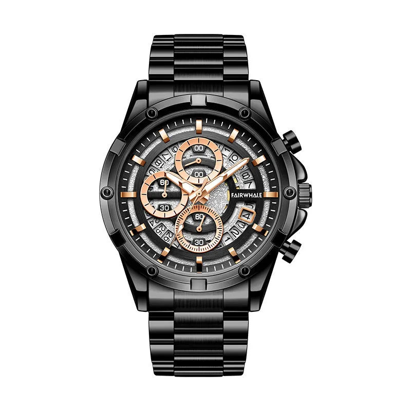 Men's waterproof luminous quartz watch with steel belt in three colour options