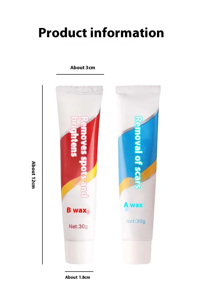Car scratch repair wax kit containing A and B wax tubes with sponge applicator for paint polishing