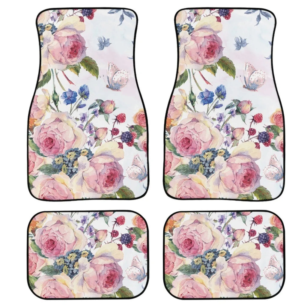 Black printed rubber car floor mat set showing four pieces with textured surface.