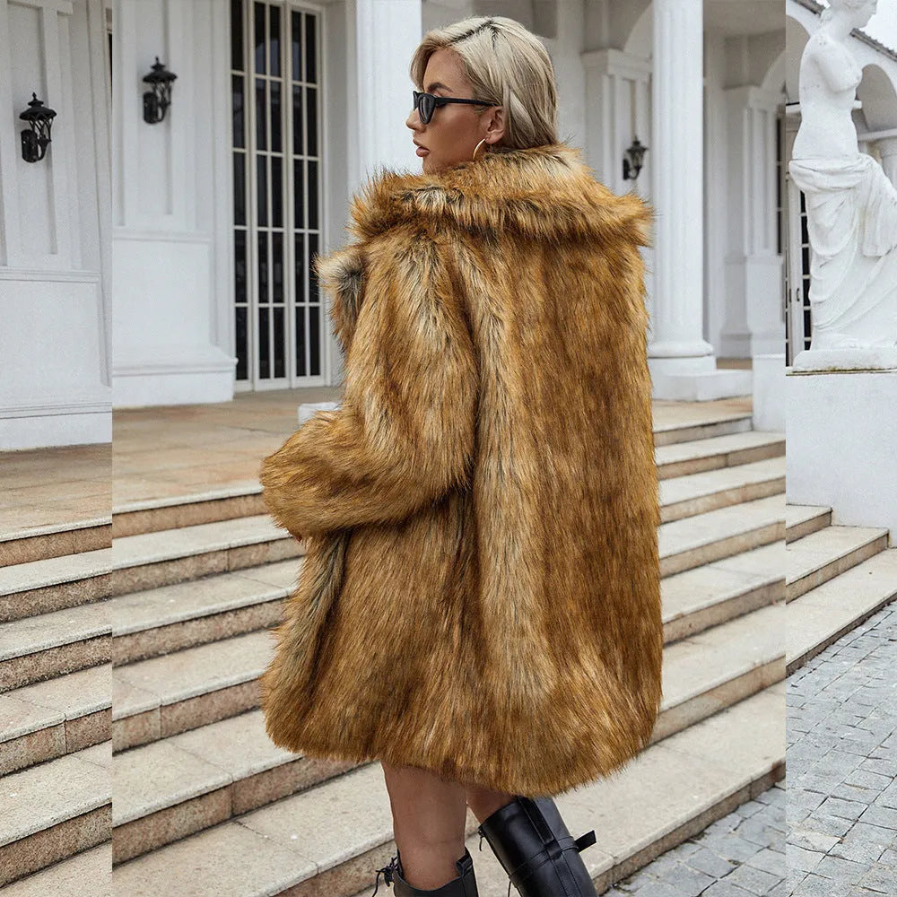 Yellow women's faux fur coat with regular sleeves and loose fit